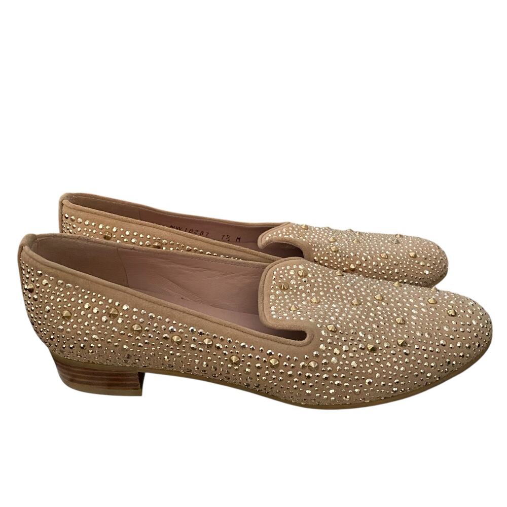 Stuart Weitzman Slipbeads Beige Blush Suede Gold Studded Loafer Flats size 7.5